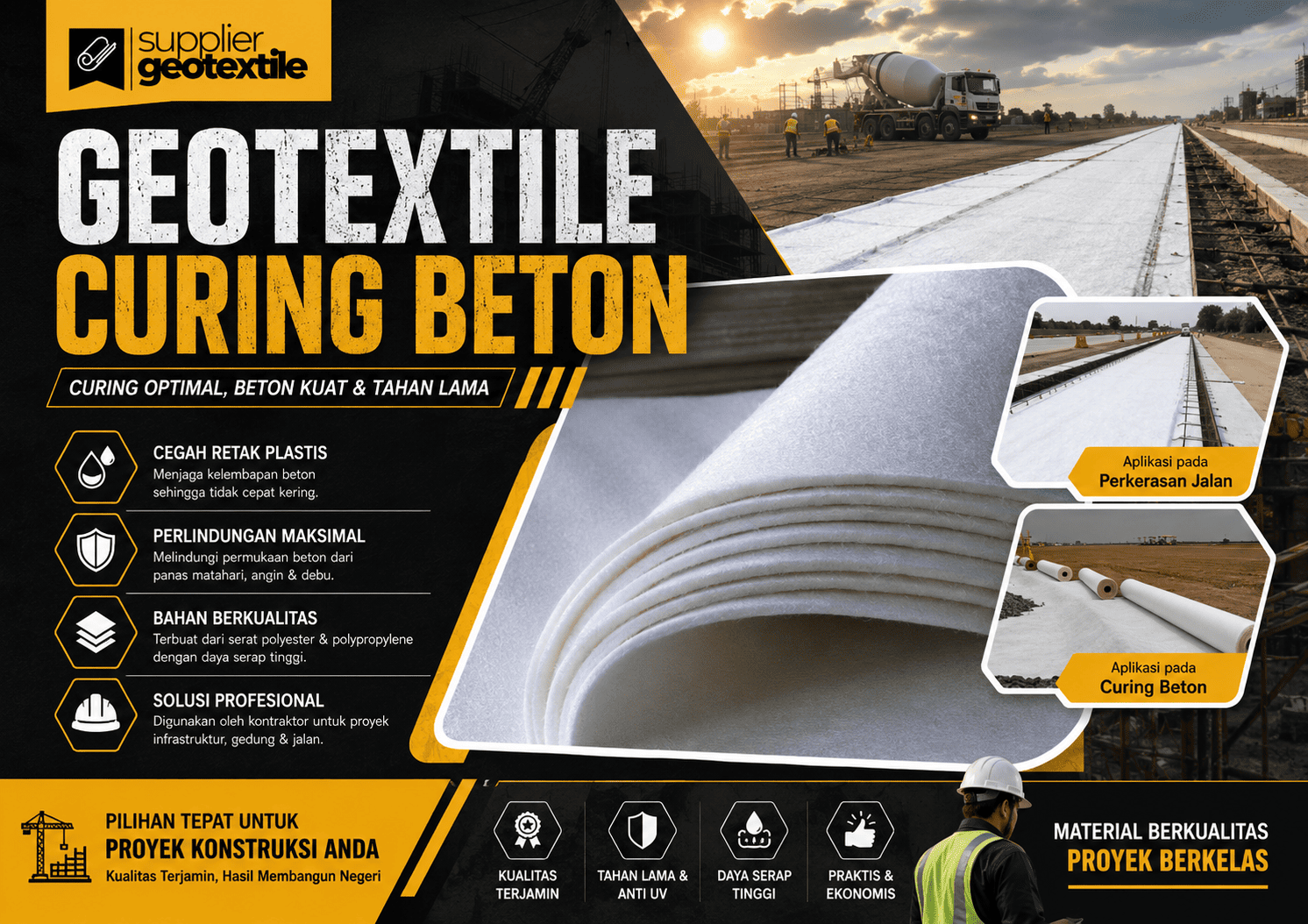 Gambar Geotextile Curing Beton Paket Gulungan Rp3.908.000/roll Ukuran 4x100 Meter - Gratis Ongkos Kirim ke Seluruh Indonesia Geotextile Curing Beton Paket Gulungan Rp3.908.000/roll Ukuran 4x100 Meter - Gratis Ongkos Kirim ke Seluruh Indonesia Rp 3.908.000 Shopee Gambar Geotextile Khusus Curing Beton / Curing Beton Roll Geotextile Khusus Curing Beton / Curing Beton Roll Rp 2.482.000 Tokopedia Gambar Geotextile Curing Beton Rp. 45.000 per 4 x 1 Meter Gratis Ongkos Kirim ke Seluruh Indonesia Geotextile Curing Beton Rp. 45.000 per 4 x 1 Meter Gratis Ongkos Kirim ke Seluruh Indonesia Rp 45.000 Shopee Curing Beton dengan Geotextile, Ini Fungsinya! CV. Mutu Utama Geoteknik https://www.mutuutamageoteknik.co.id › curing-beton-... geotextile untuk curing beton dari www.mutuutamageoteknik.co.id 3 Mar 2023 — Penggunaan geotextile sebagai penutup permukaan beton membantu mengontrol proses evaporasi atau penguapan air yang berada dalam dalam cor beton ...